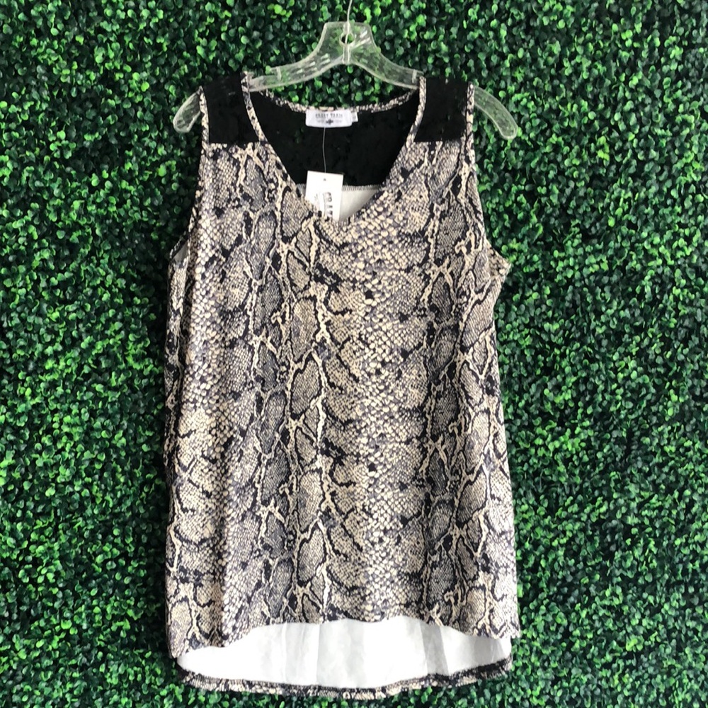 Crazy train snake print tank with lace detail.
